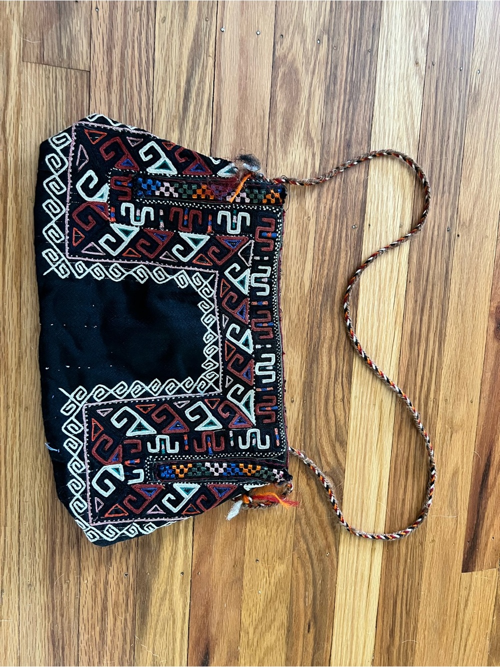 Vintage Black Crossbody Bag with Multicolor Tribal Embroidery Ethnic